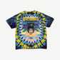 Bossi blue and yellow tie dye tee front with Jimi Hendrix Axis Bold psychedelic portrait graphic