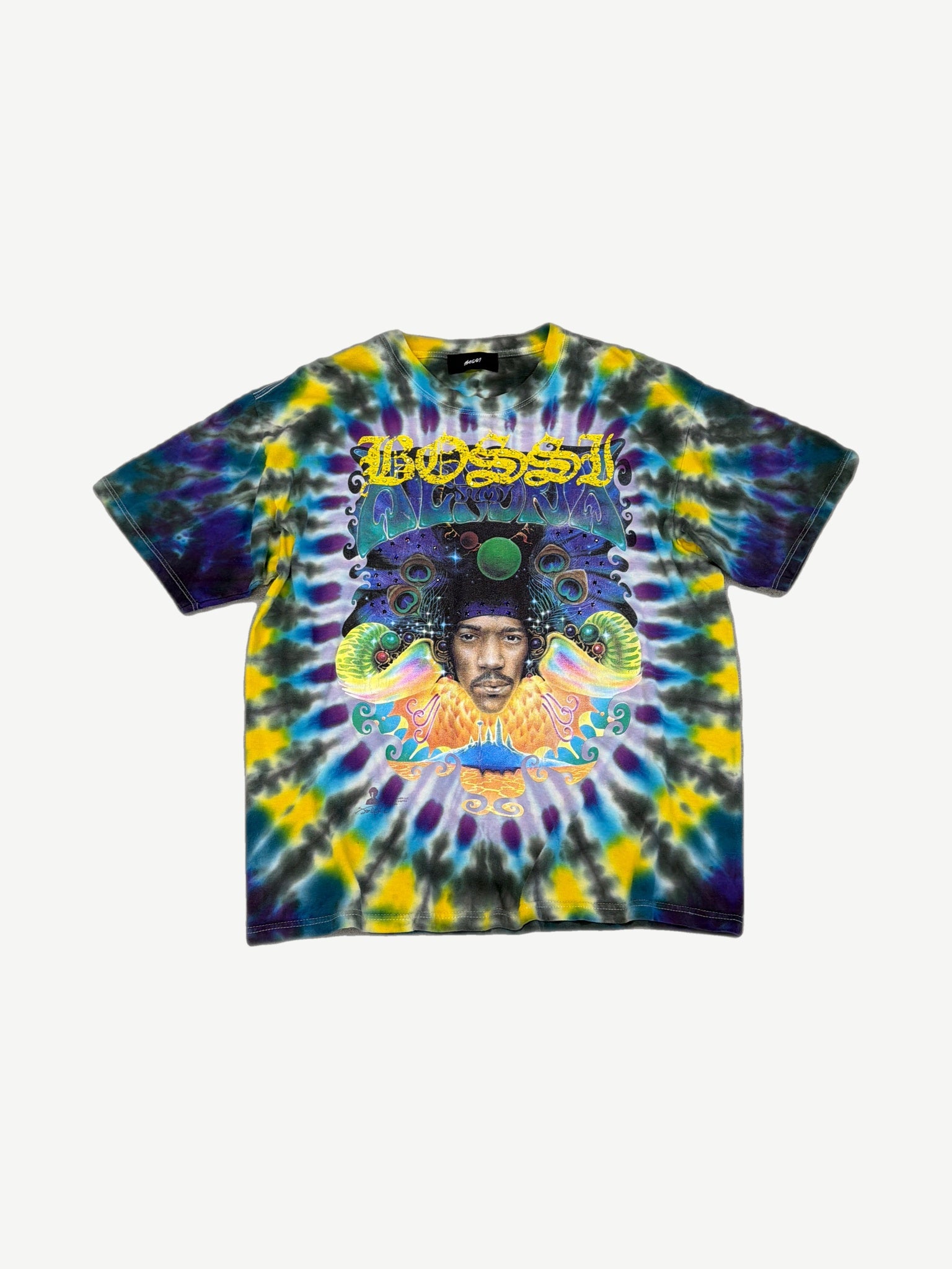 Bossi blue and yellow tie dye tee front with Jimi Hendrix Axis Bold psychedelic portrait graphic