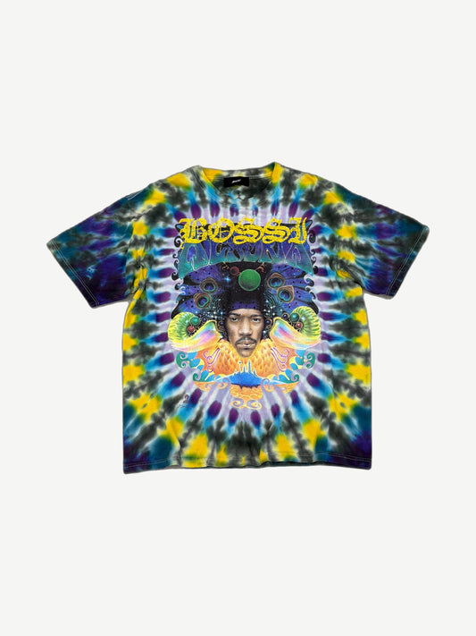 Bossi blue and yellow tie dye tee front with Jimi Hendrix Axis Bold psychedelic portrait graphic