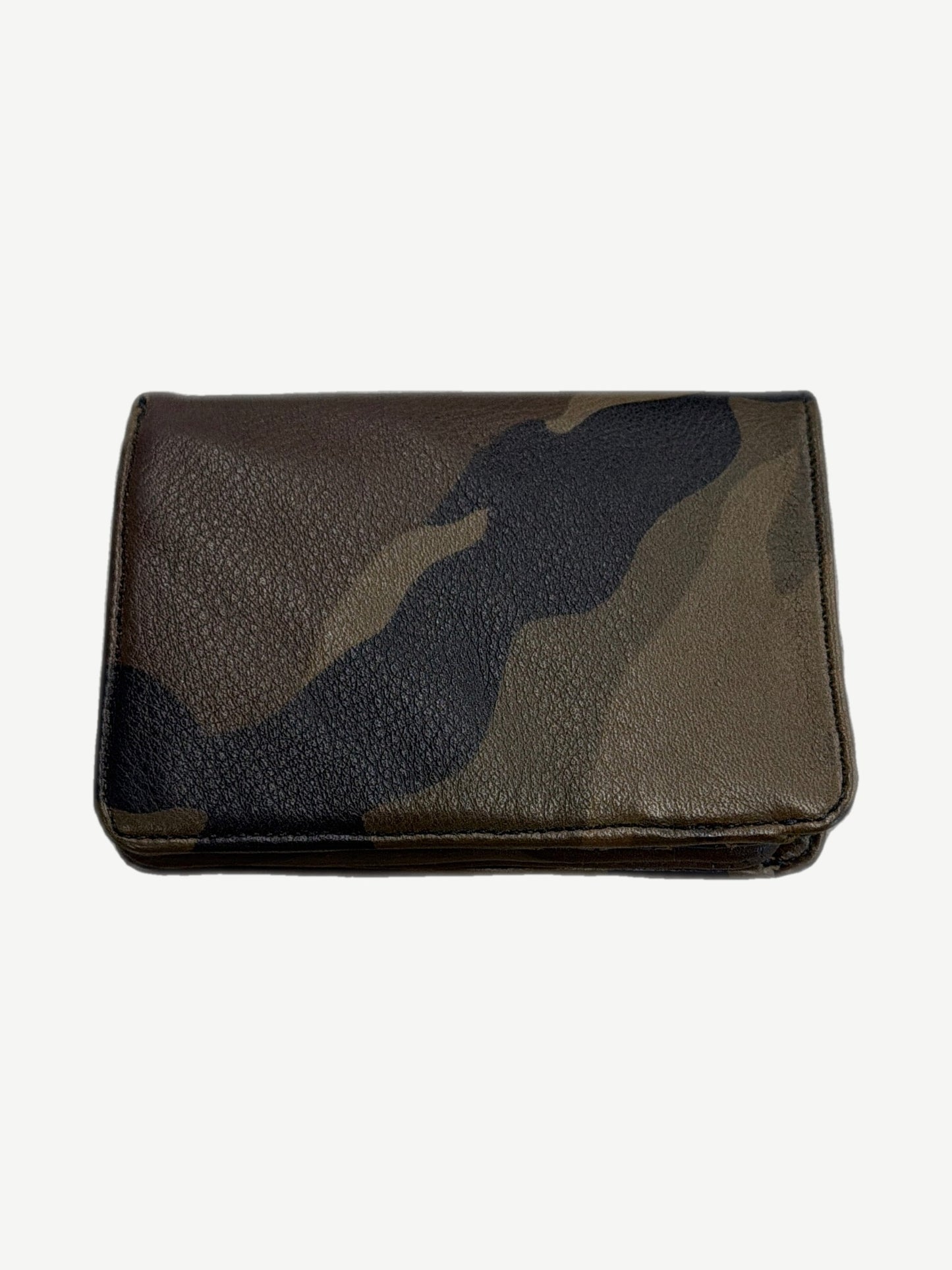 Chrome Hearts camo leather bifold wallet exterior back panel, smooth camouflage hide with edge stitching