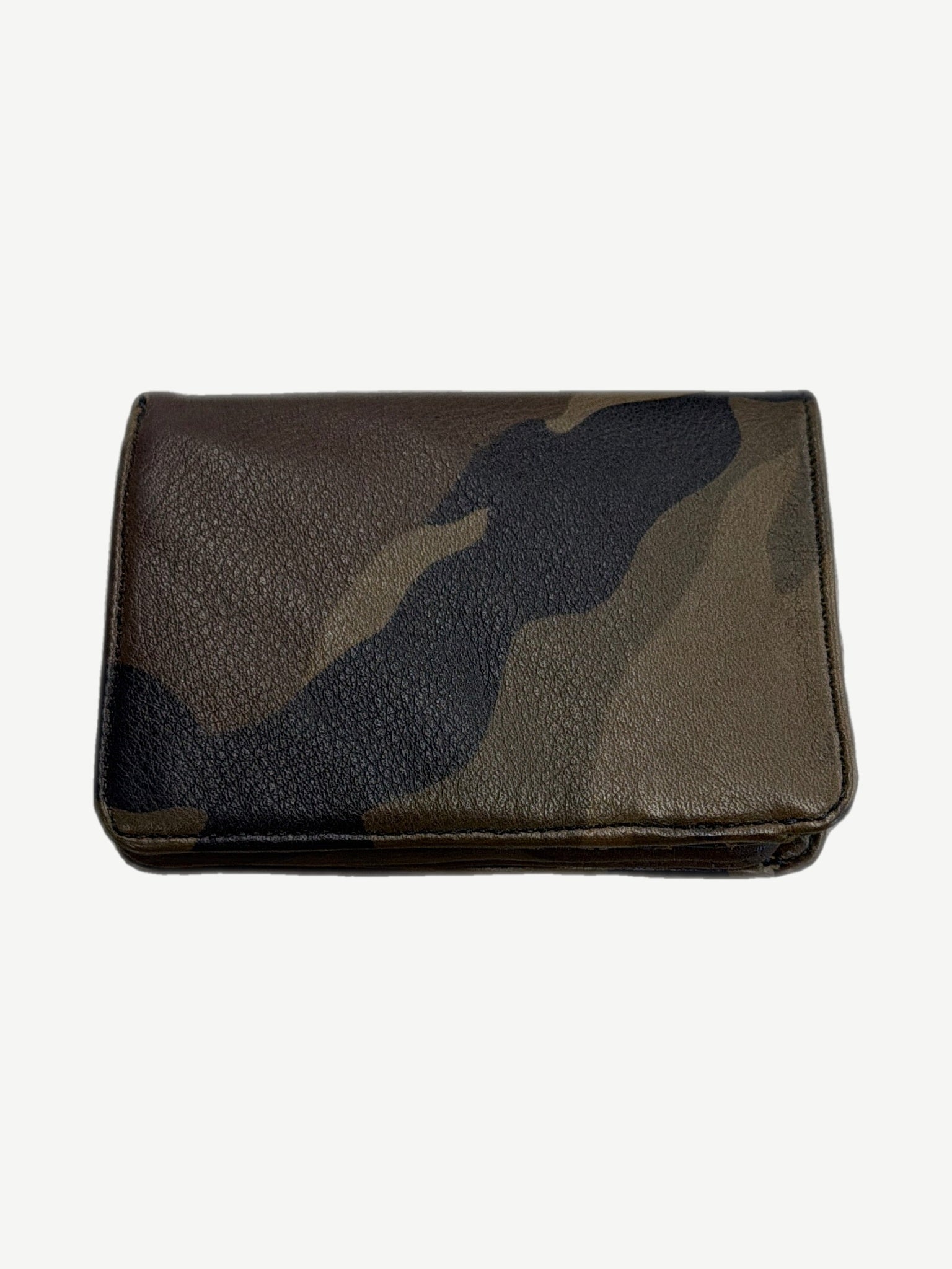 Chrome Hearts camo leather bifold wallet exterior back panel, smooth camouflage hide with edge stitching
