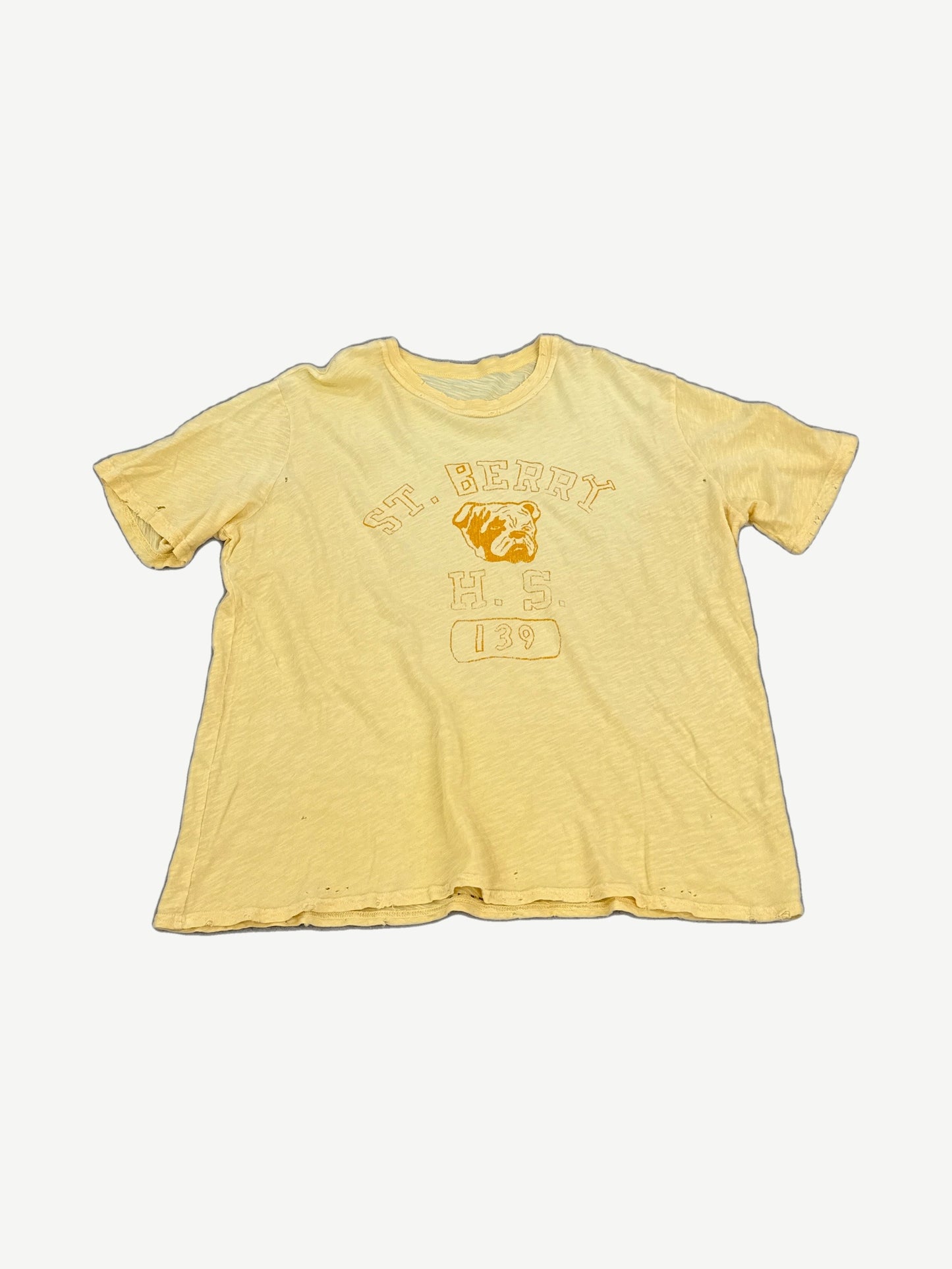GV Gallery Raspberry Hills St. Berry HS yellow tee with distressed bulldog mascot print and 139 number
