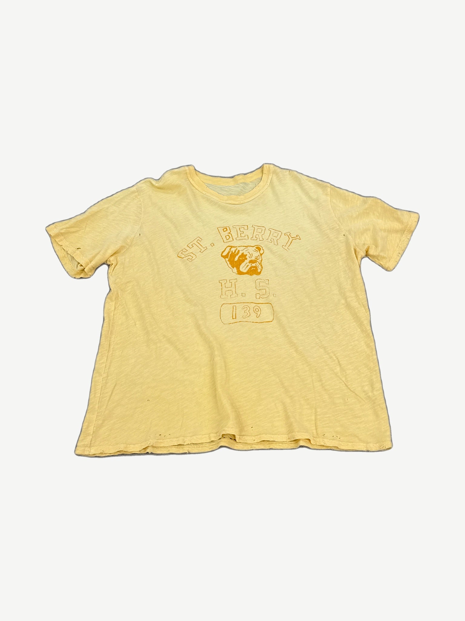 GV Gallery Raspberry Hills St. Berry HS yellow tee with distressed bulldog mascot print and 139 number