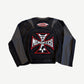 HMDD black moto jersey back view with red and white iron cross and Happy Memories text print