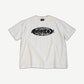 Bottega Desires white tee front with black oval Anarchy F*ck The World graphic and star burst print