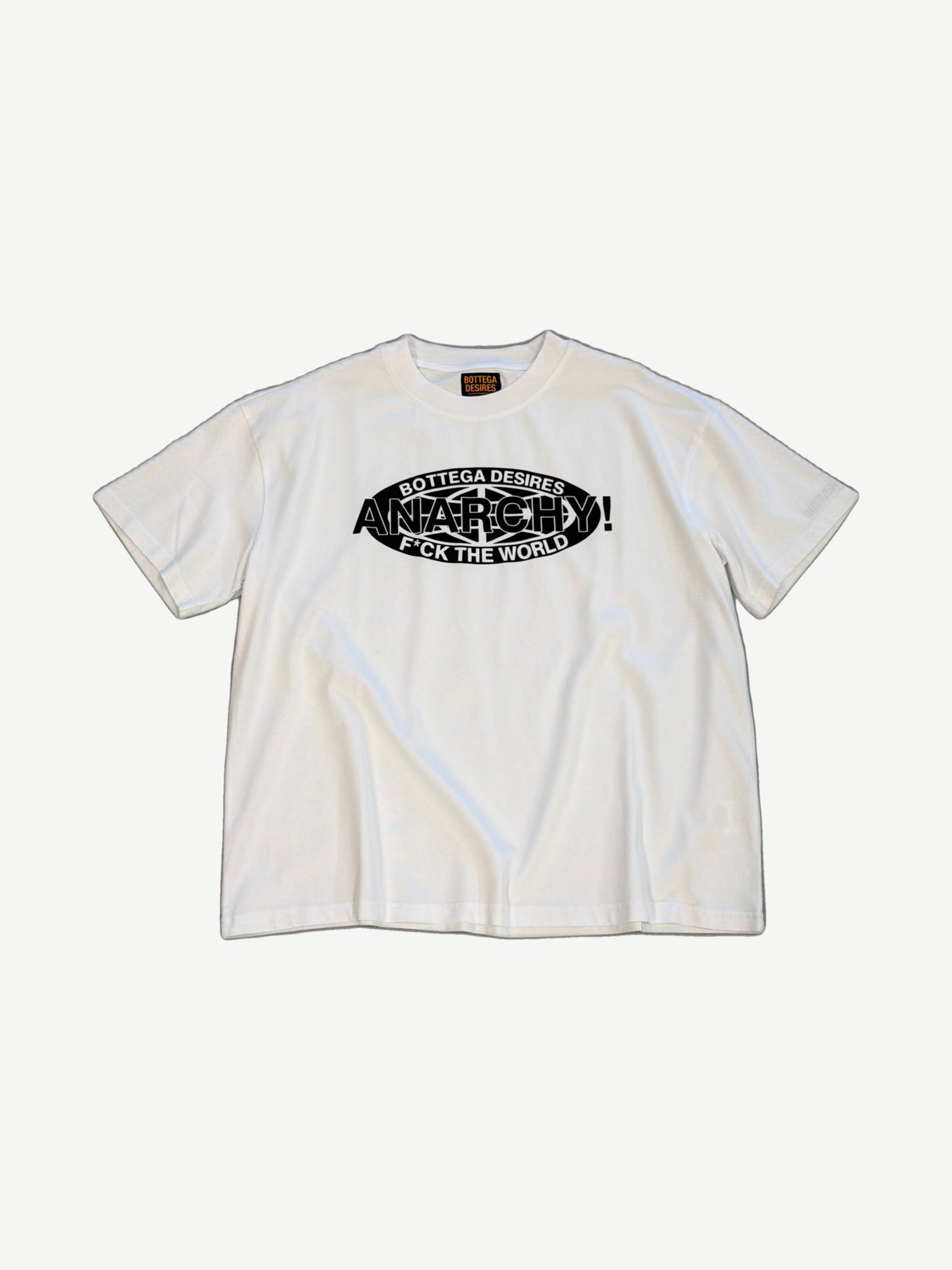 Bottega Desires white tee front with black oval Anarchy F*ck The World graphic and star burst print