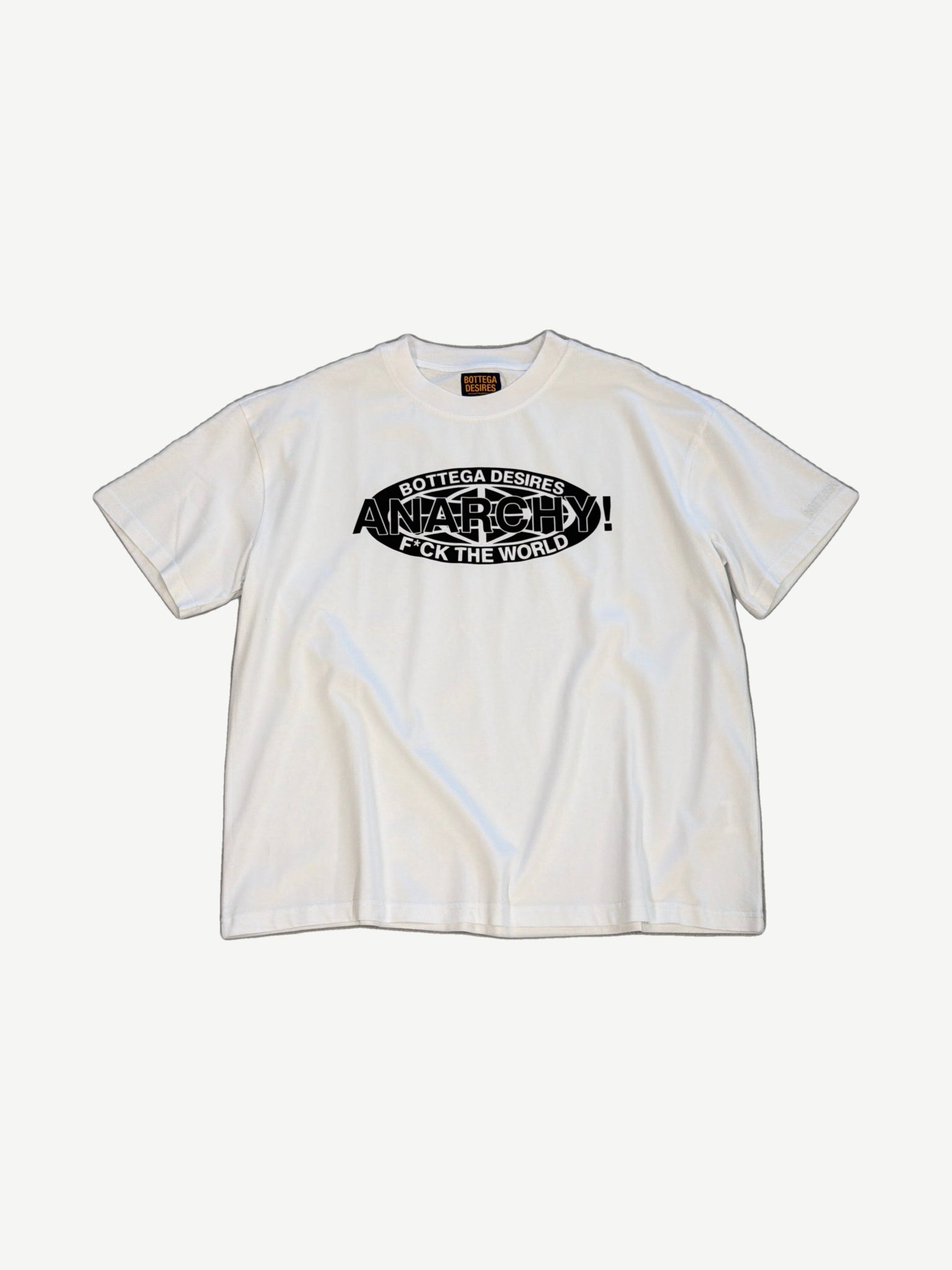Bottega Desires white tee front with black oval Anarchy F*ck The World graphic and star burst print