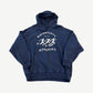 Balenciaga washed navy Marathon hoodie front with small embroidered logo and oversized boxy silhouette.