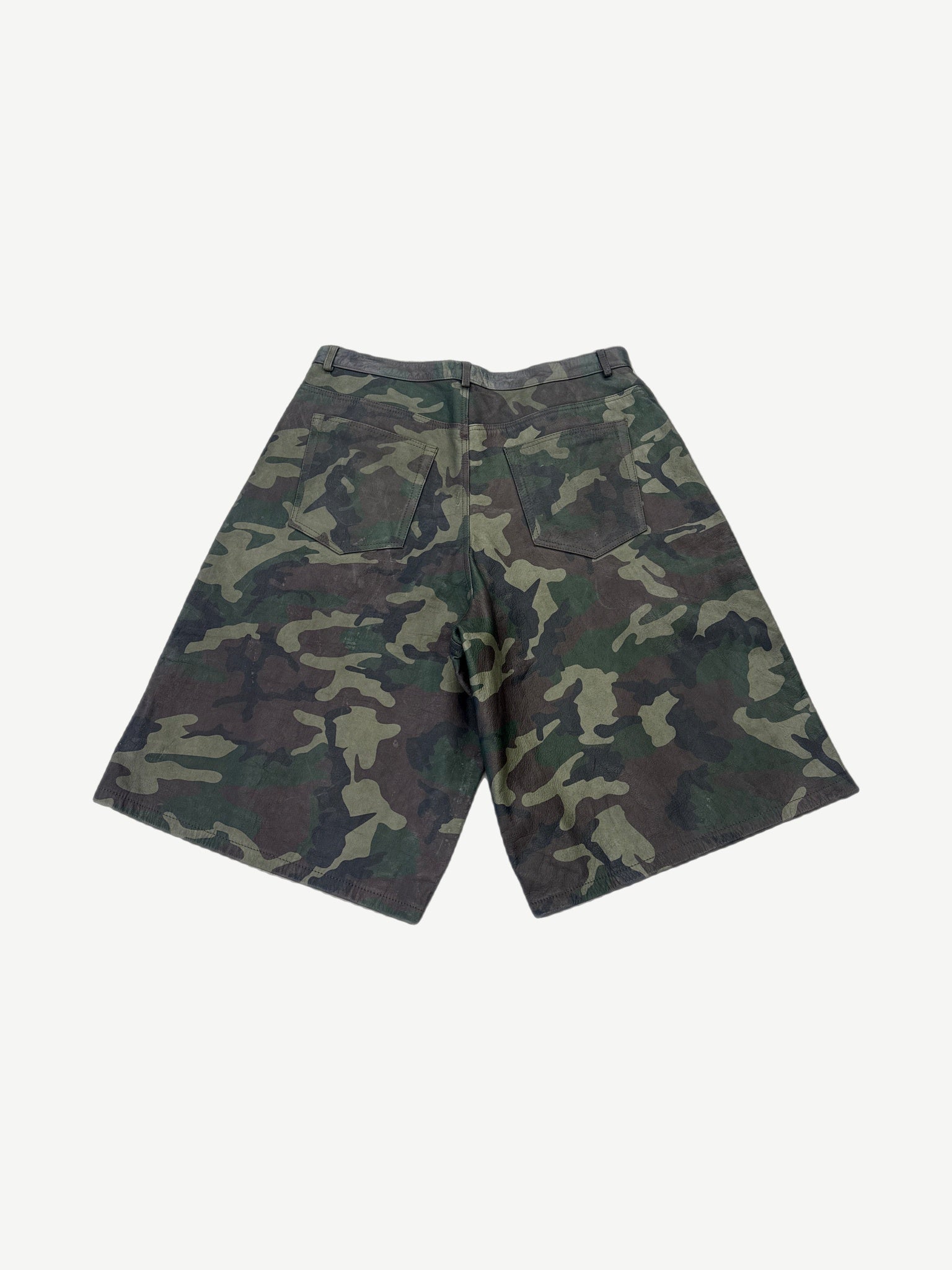 Raspberry Hills camouflage leather cargo shorts, back view showing rear pockets and panel stitching
