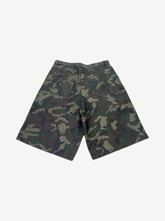 Raspberry Hills camouflage leather cargo shorts, back view showing rear pockets and panel stitching