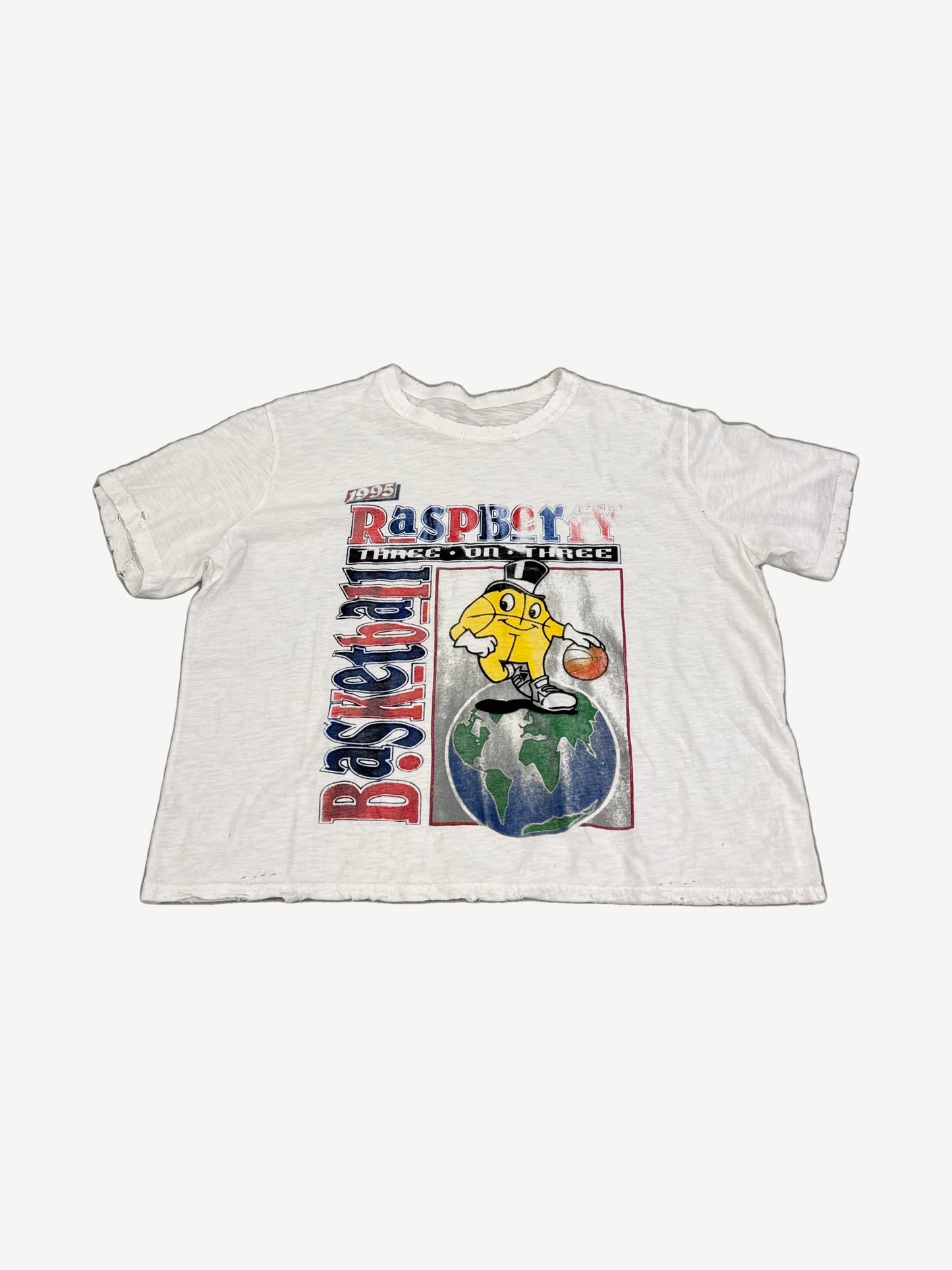 GV Gallery Raspberry Hills white tee front with 1995 Basketball Three on Three globe mascot graphic