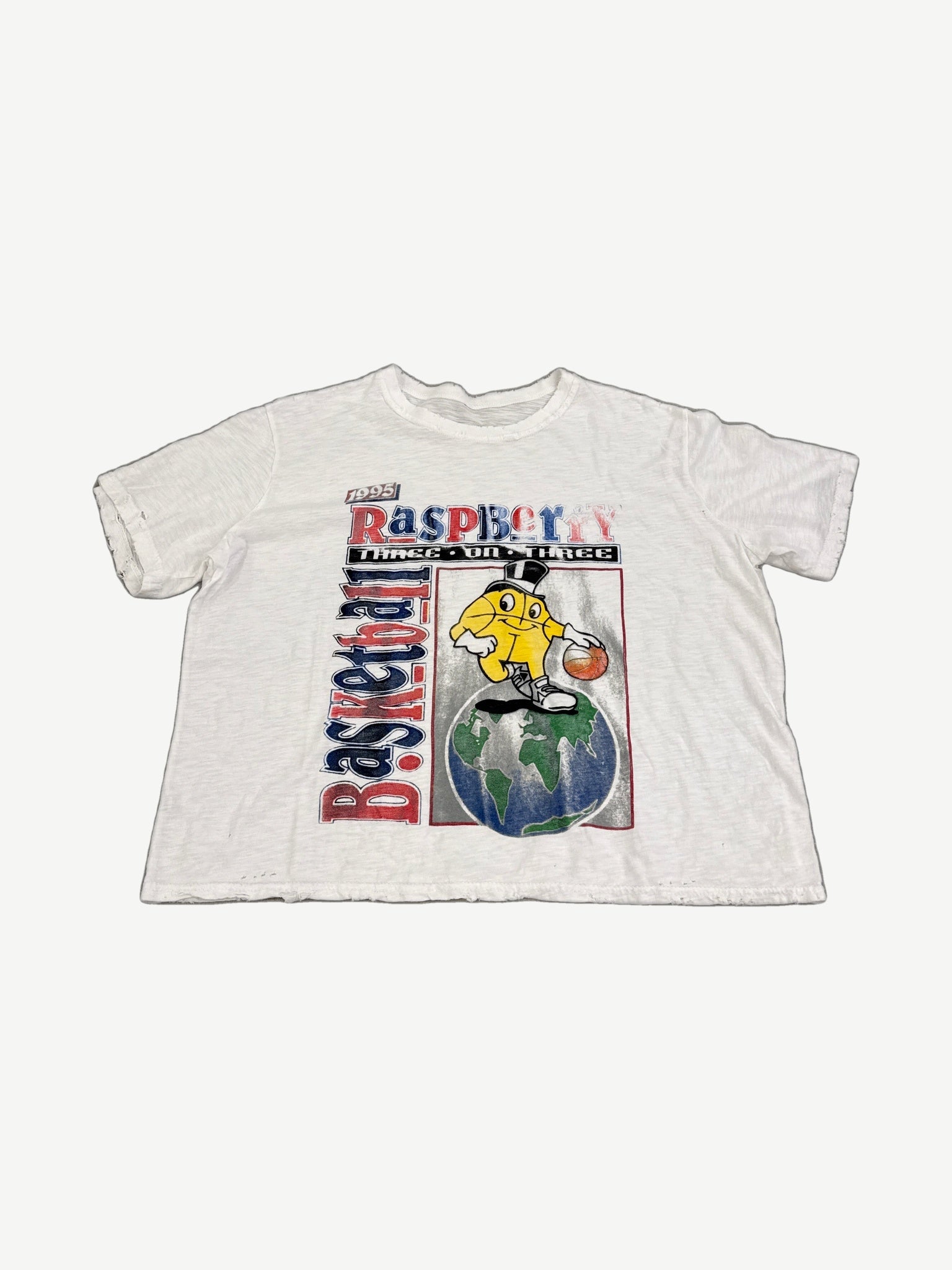 GV Gallery Raspberry Hills white tee front with 1995 Basketball Three on Three globe mascot graphic