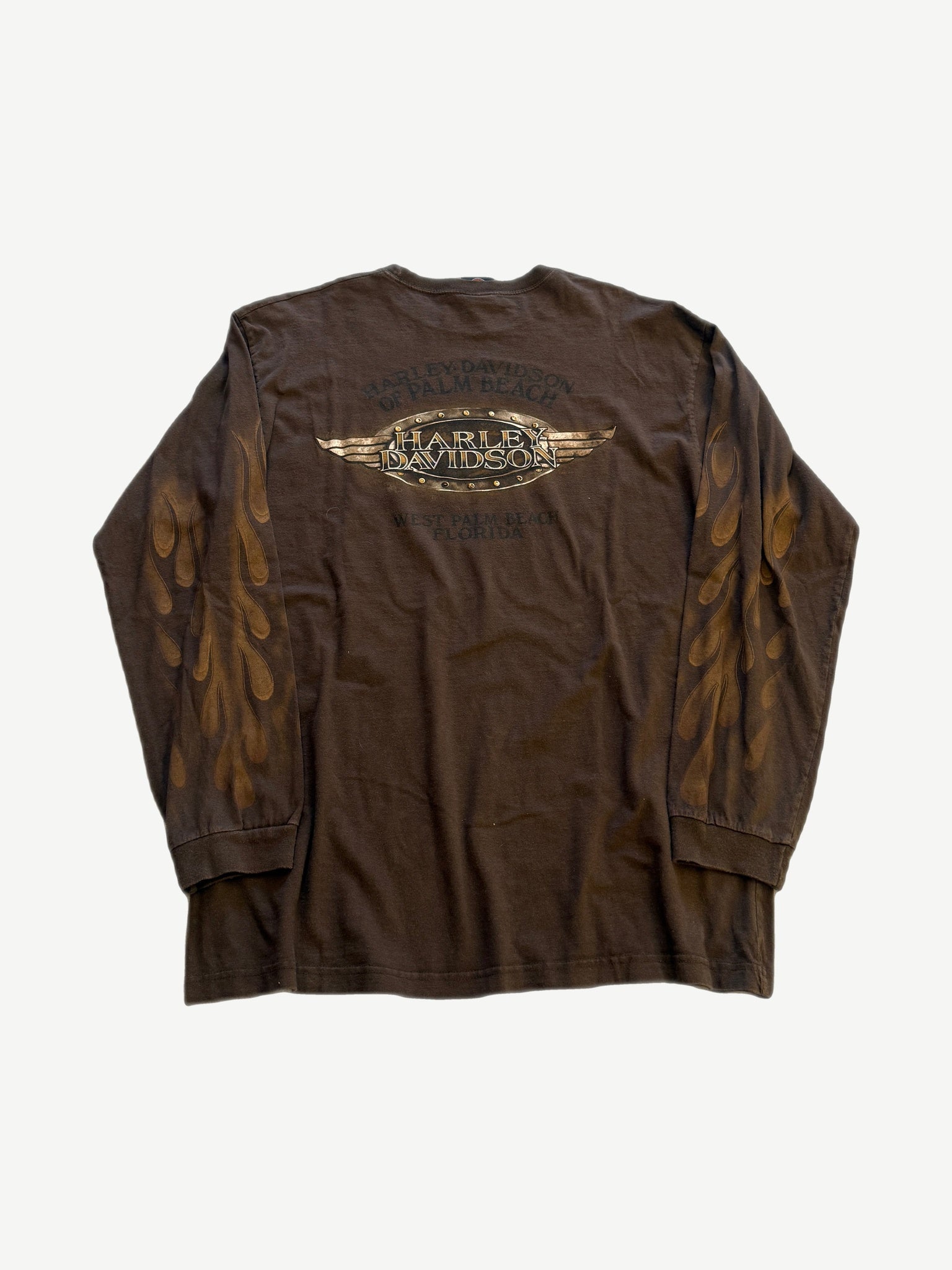 Vintage Harley Davidson Florida longsleeve back in brown with full flame graphic and bold biker print details
