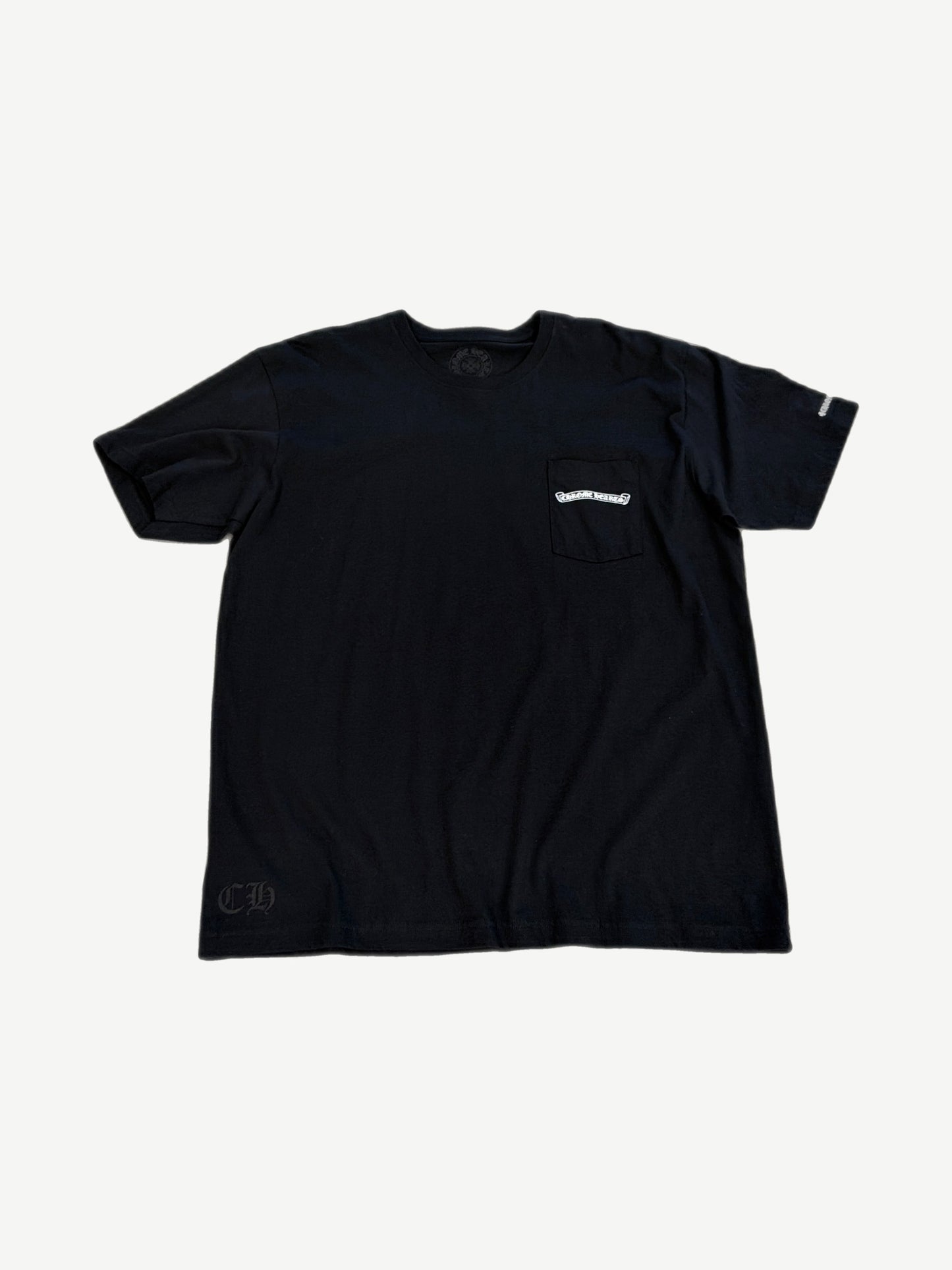 Chrome Hearts black cotton pocket tee with Chrome Hearts scroll logo on chest pocket and CH hem stamp