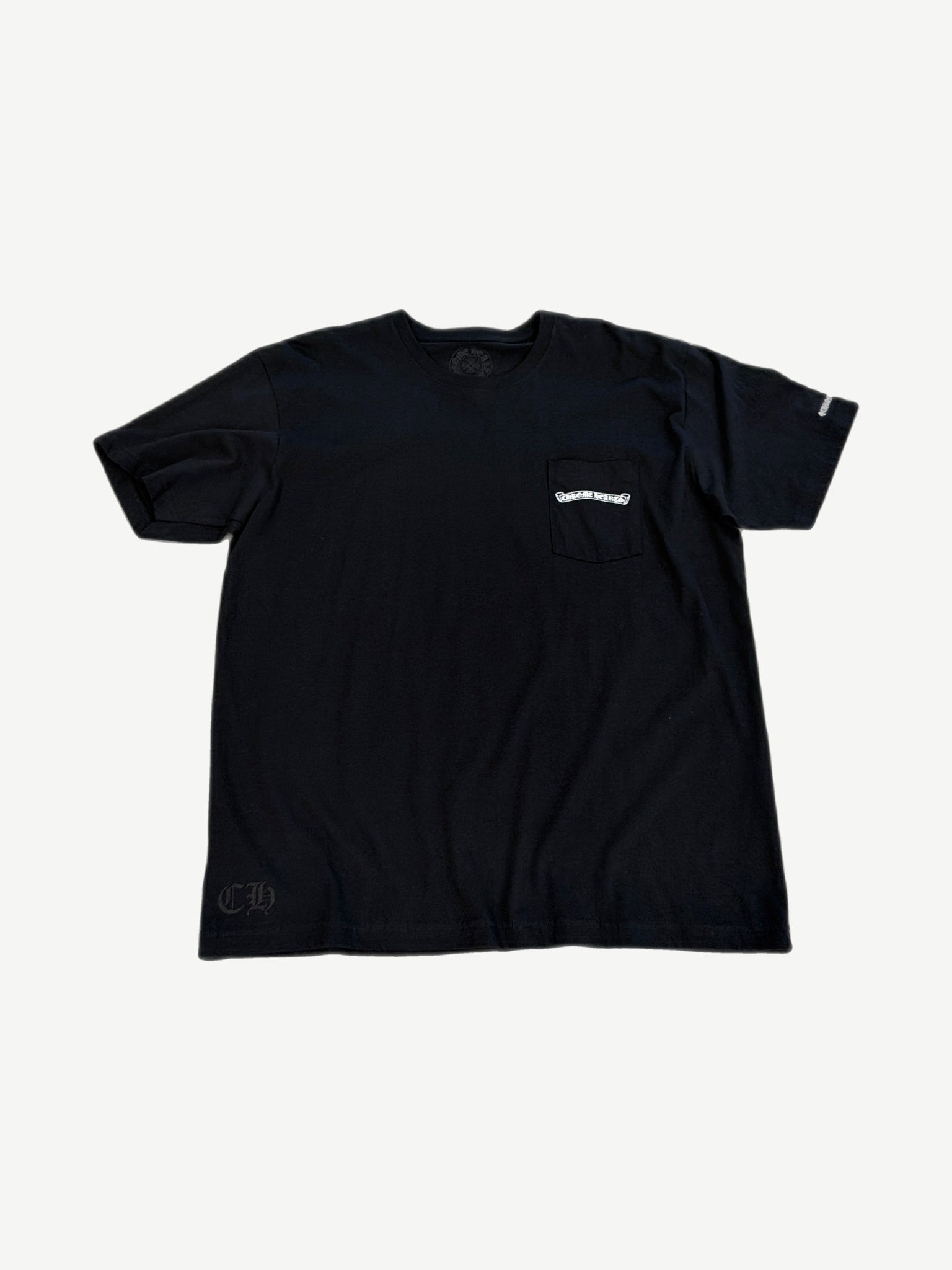 Chrome Hearts black cotton pocket tee with Chrome Hearts scroll logo on chest pocket and CH hem stamp