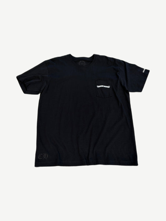 Chrome Hearts black cotton pocket tee with Chrome Hearts scroll logo on chest pocket and CH hem stamp