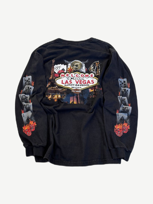 Vintage Harley Davidson Las Vegas long sleeve back, large skull with rolling dice flames graphic in red and white