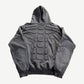 Satoshi Nakamoto Moto hoodie back view with seamed paneling and faded distressed cotton fleece.