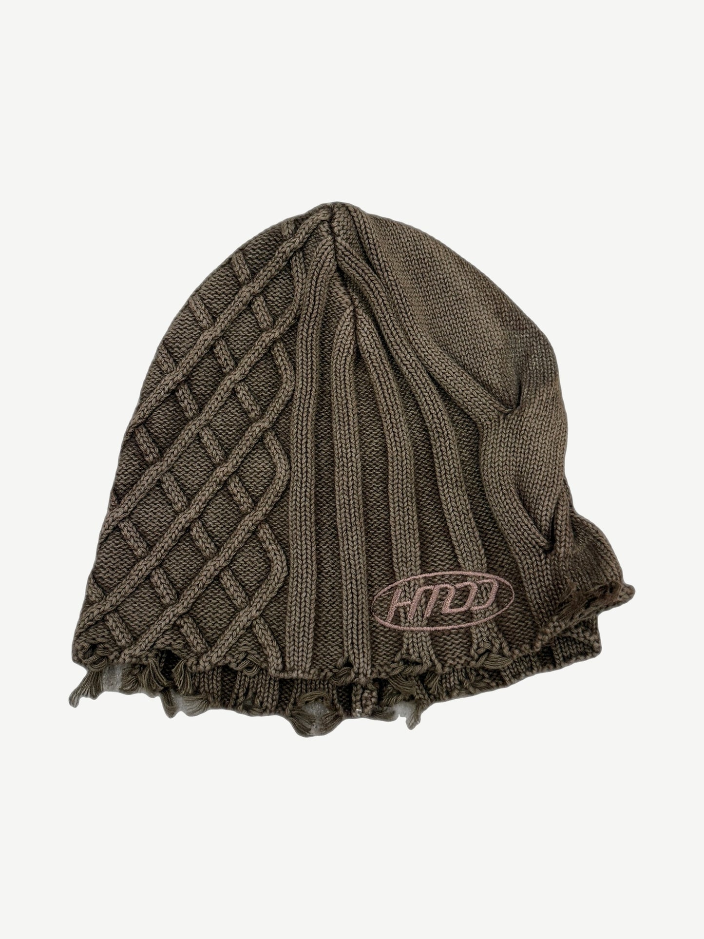 HMDD Happy Memories Don't Die brown ribbed knit beanie with embroidered Gmaw Phy logo across cuff.
