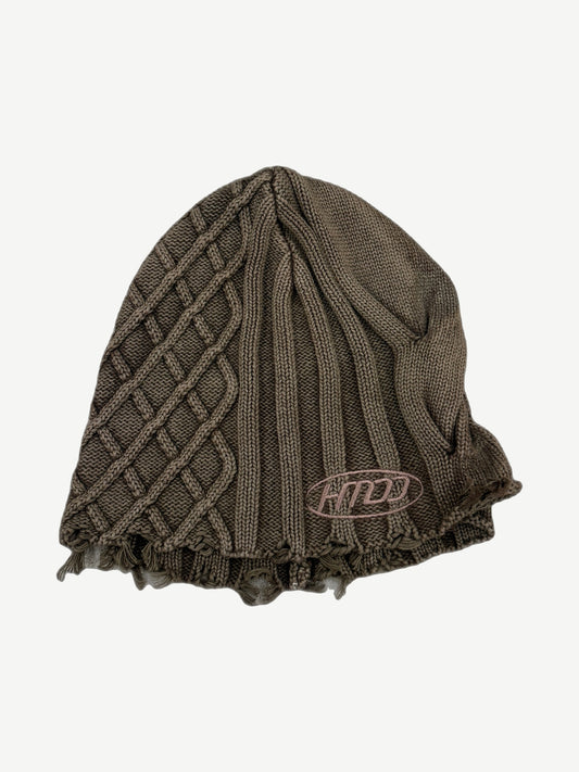 HMDD Happy Memories Don't Die brown ribbed knit beanie with embroidered Gmaw Phy logo across cuff.