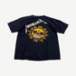 Vintage Metallica black tee back view with Pushead sun face skull graphic and silver band logo above