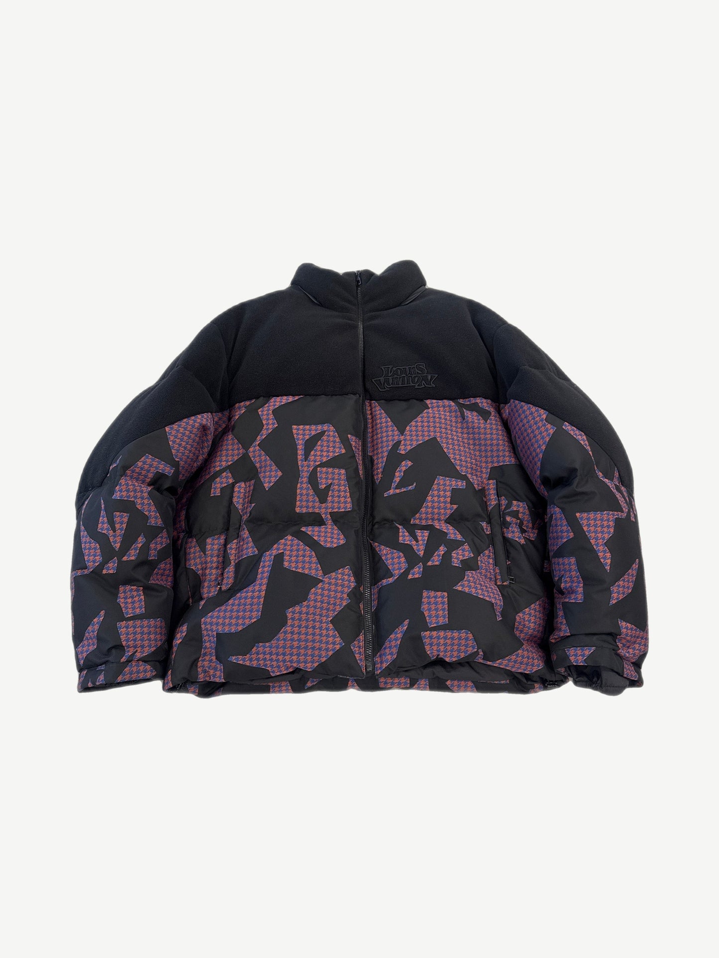 Louis Vuitton bimaterial down puffer jacket with black fleece yoke and purple monogram damier print body, front view