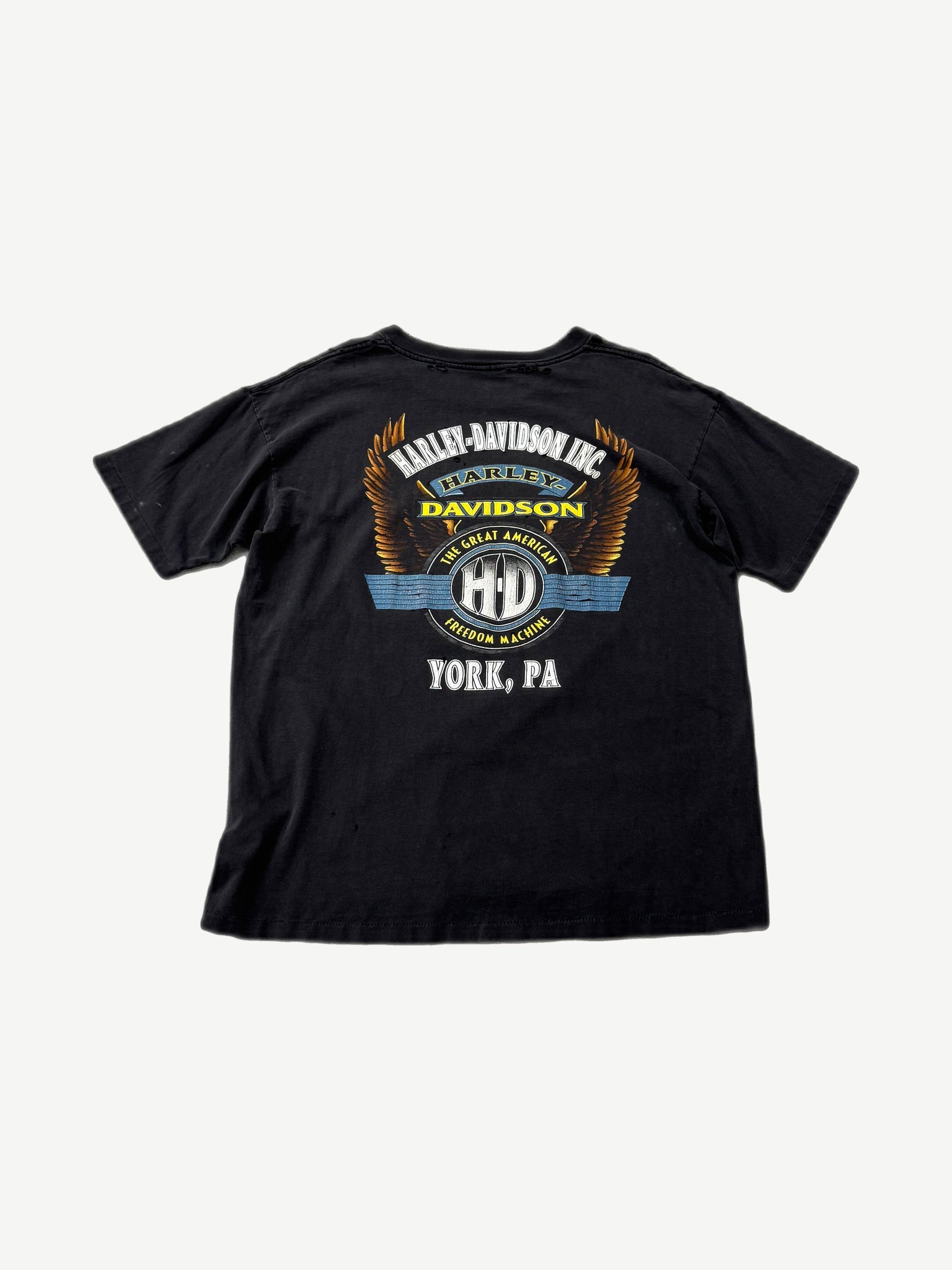 Vintage Harley Davidson black tee back with eagle wings H-D Freedom Machine York PA graphic
