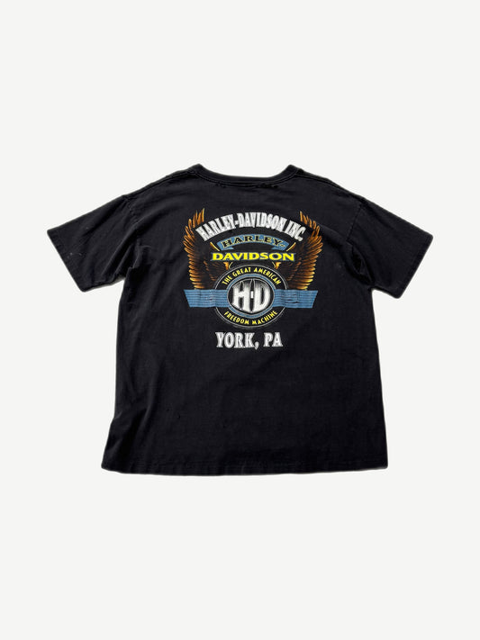 Vintage Harley Davidson black tee back with eagle wings H-D Freedom Machine York PA graphic