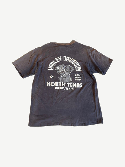 Vintage Harley-Davidson Real Steel tee back with North Texas Dallas dealer arch text and V-twin engine print