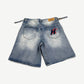 HMDD denim shorts back view with H-star logo patch on right pocket and I love Chim leather tag