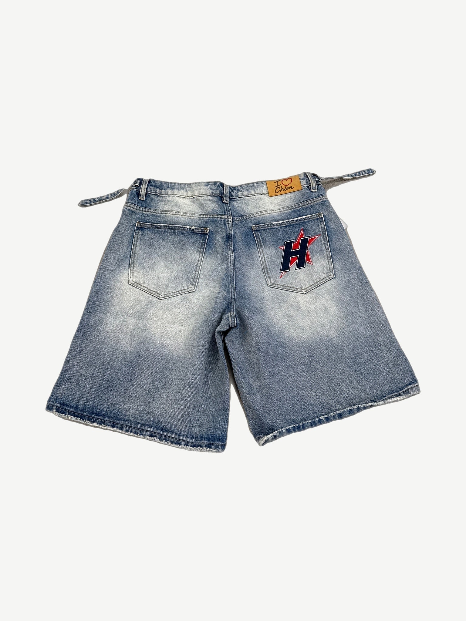 HMDD denim shorts back view with H-star logo patch on right pocket and I love Chim leather tag