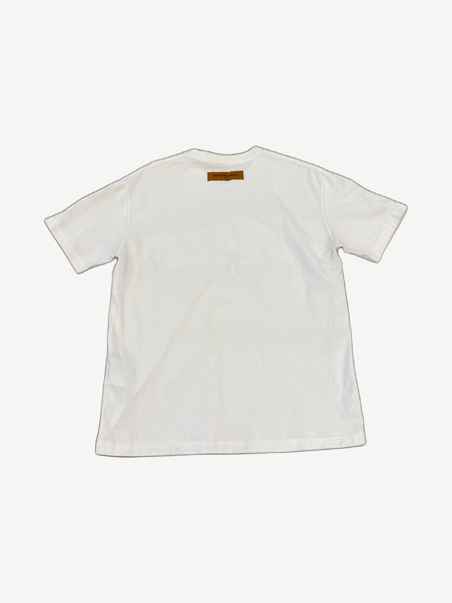 Louis Vuitton white tee back view with leather LV brand tab at neck on plain cotton