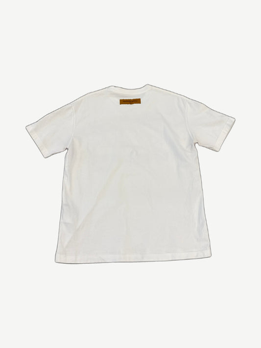 Louis Vuitton white tee back view with leather LV brand tab at neck on plain cotton