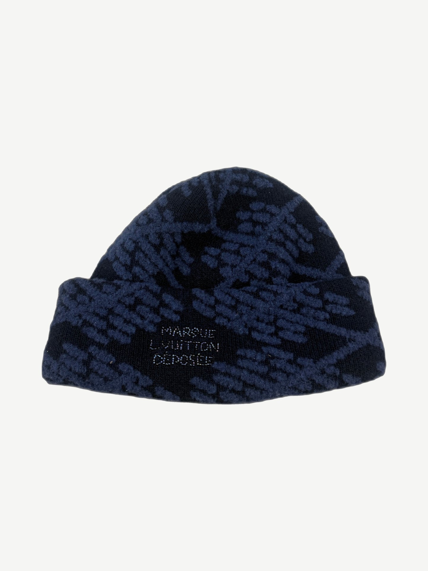 Louis Vuitton navy Crush Damier argyle knit beanie with tonal blue diamond pattern and folded cuff.