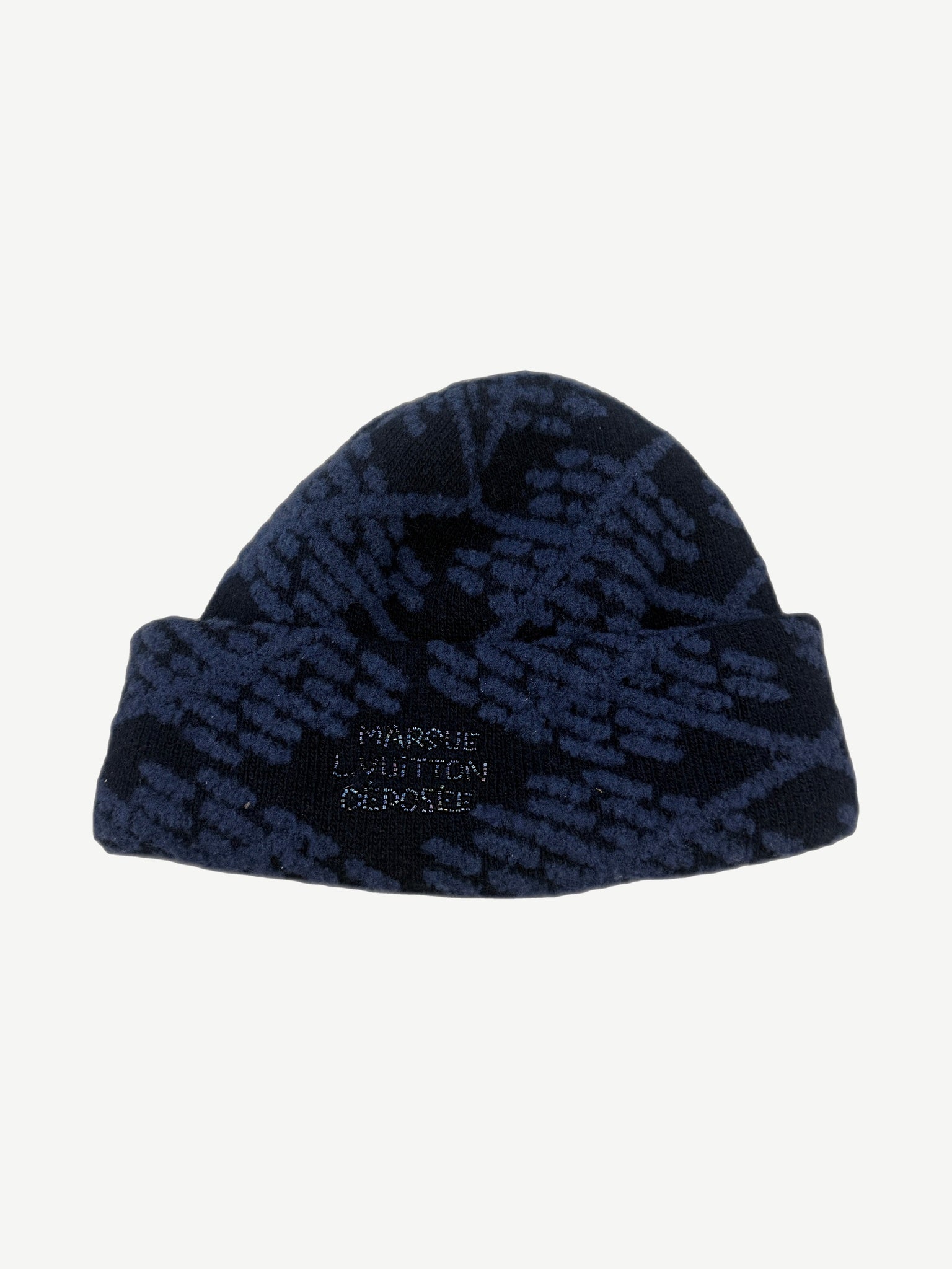 Louis Vuitton navy Crush Damier argyle knit beanie with tonal blue diamond pattern and folded cuff.