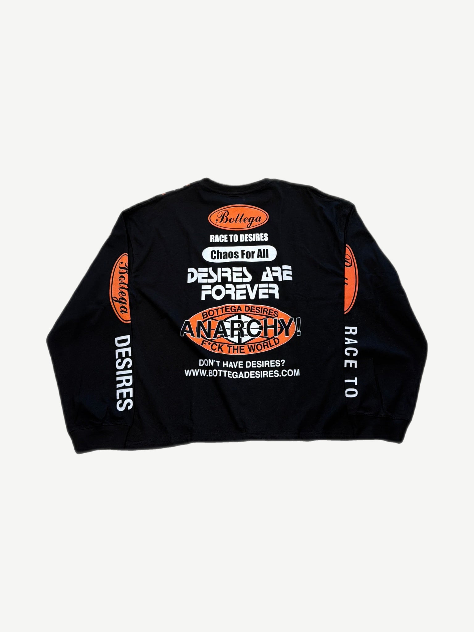 Bottega Desires Race To Desires longsleeve back, Chaos For All text and Anarchy slogan print