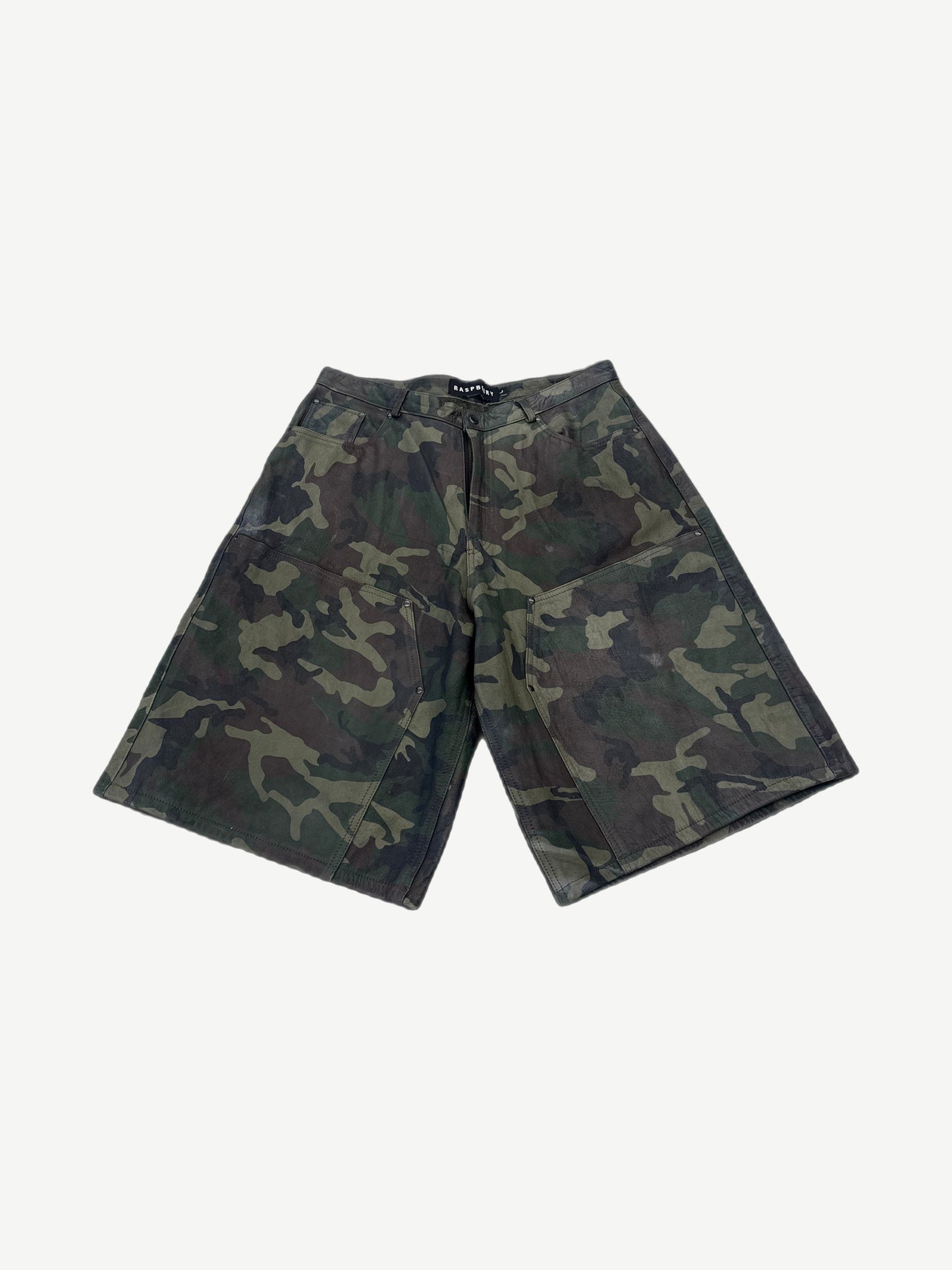 GV Gallery Raspberry Hills Barrack camo leather shorts in green-brown camouflage print, front view