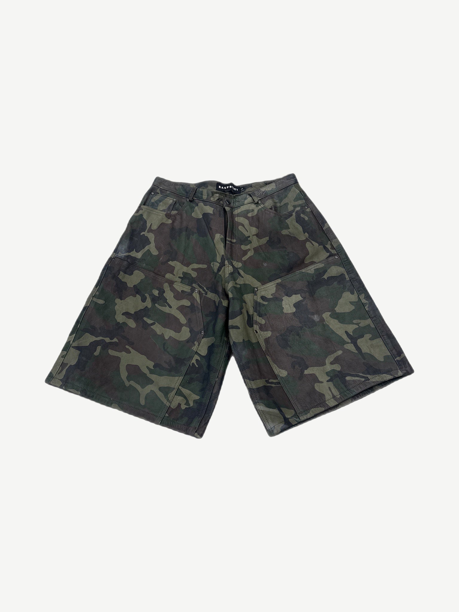 GV Gallery Raspberry Hills Barrack camo leather shorts in green-brown camouflage print, front view