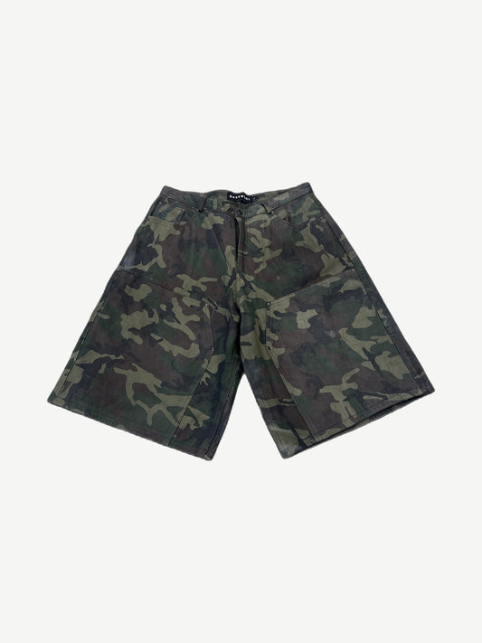 GV Gallery Raspberry Hills Barrack camo leather shorts in green-brown camouflage print, front view