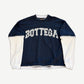 Bottega Desires navy long sleeve crewneck front, distressed white BOTTEGA arch print and ribbed contrast cuffs.