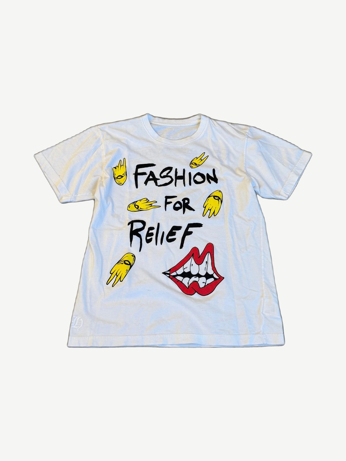 Chrome Hearts Matty Boy Fashion For Relief white tee front with painted text and yellow ghost figure.