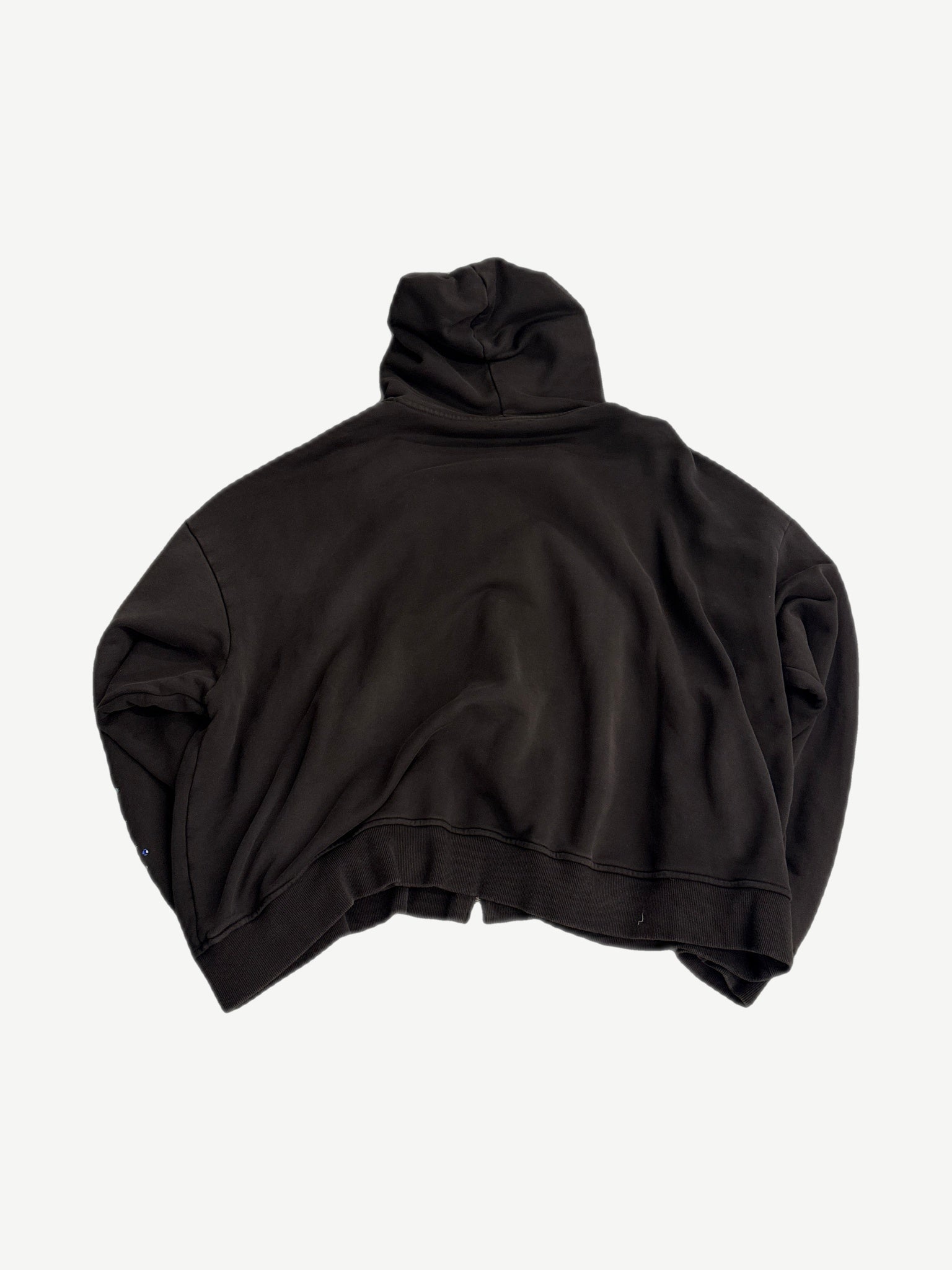 HMDD brown crystal zip up back view in plain dark brown cotton with attached hood