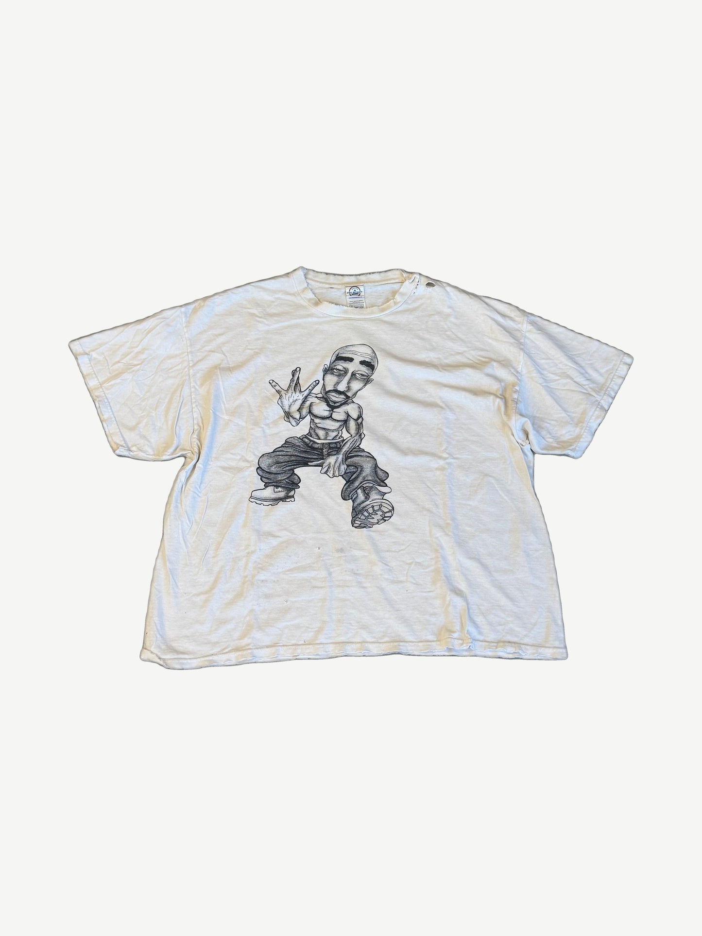 Vintage Tupac caricature white rap tee with cartoon 2Pac character print throwing W hand sign in baggy jeans