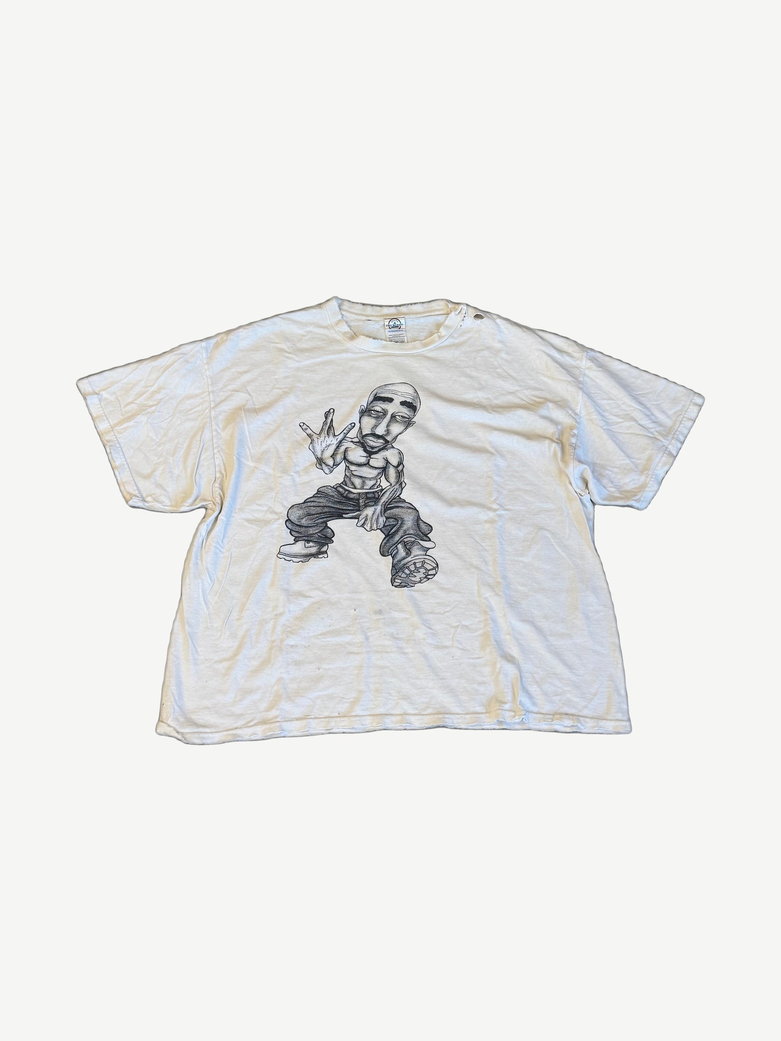 Vintage Tupac caricature white rap tee with cartoon 2Pac character print throwing W hand sign in baggy jeans