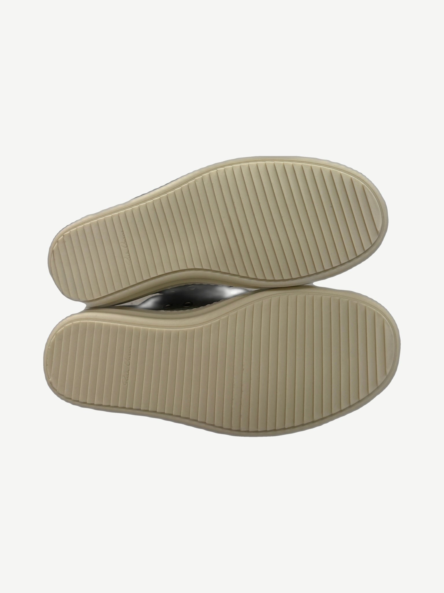 Rick Owens celadon suede sneakers sole view showing cream ridged rubber outsole tread pattern