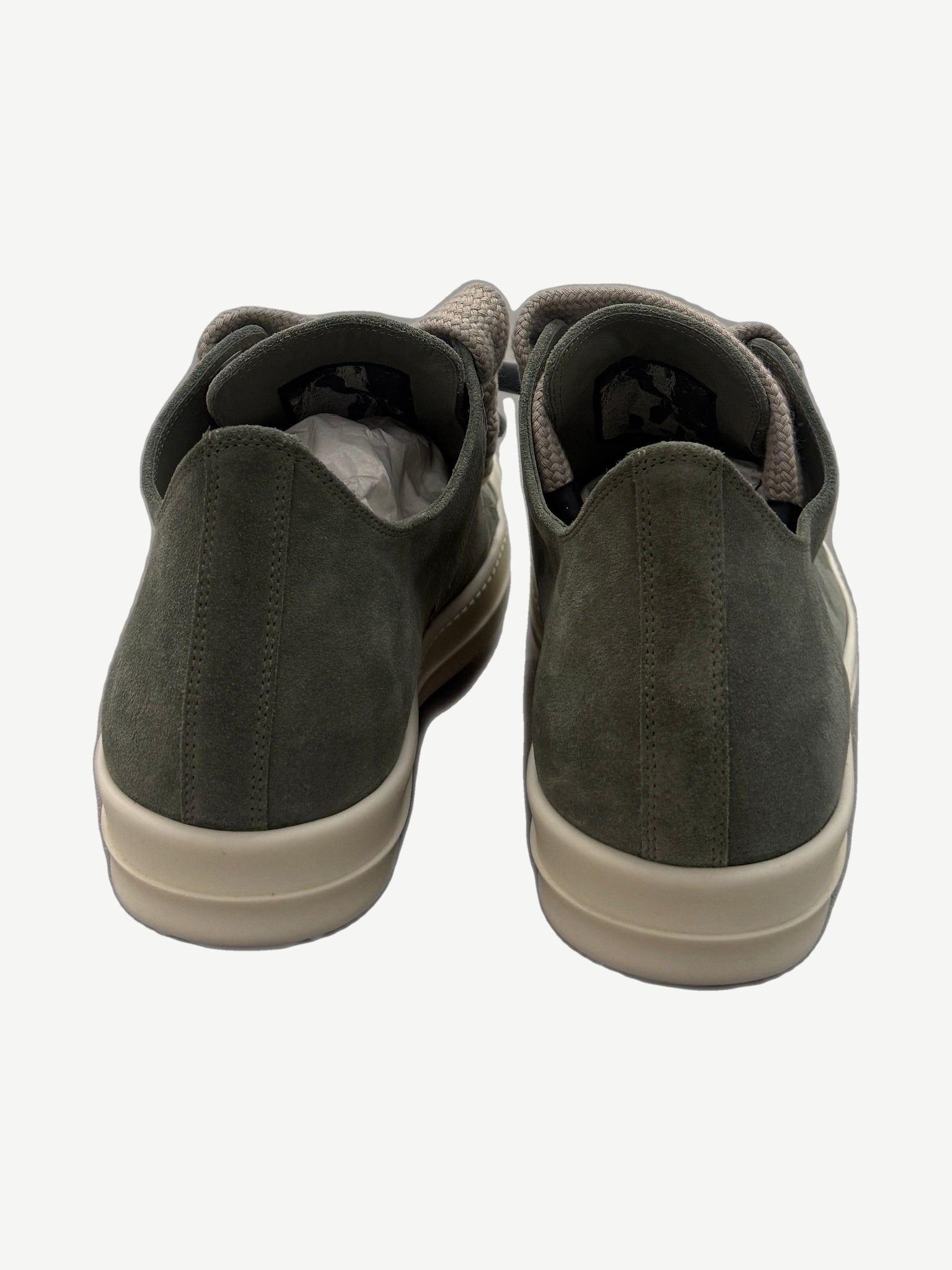 Rick Owens celadon suede sneakers back heel view showing tonal stitching and cream platform midsole