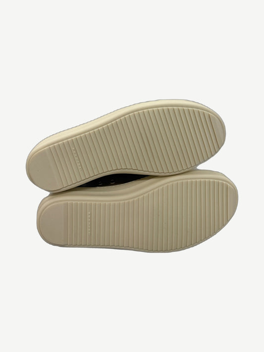 Rick Owens DRKSHDW Dirty Pearl sneakers side view showing braided jumbo laces and toe stitching