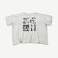 Back of Gallery Hills white tee with four-panel black and white film still collage and distressed holes