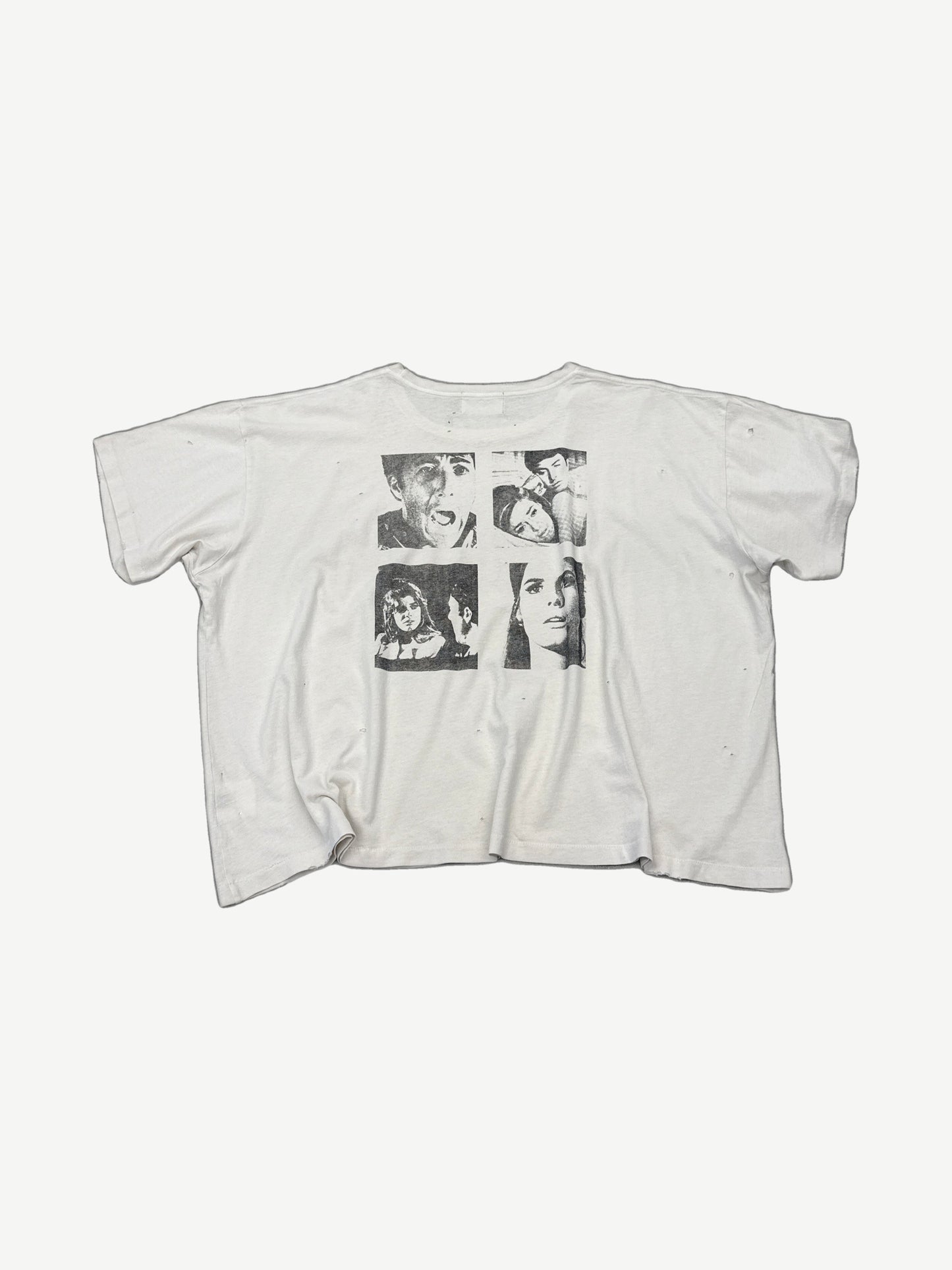 Back of Gallery Hills white tee with four-panel black and white film still collage and distressed holes