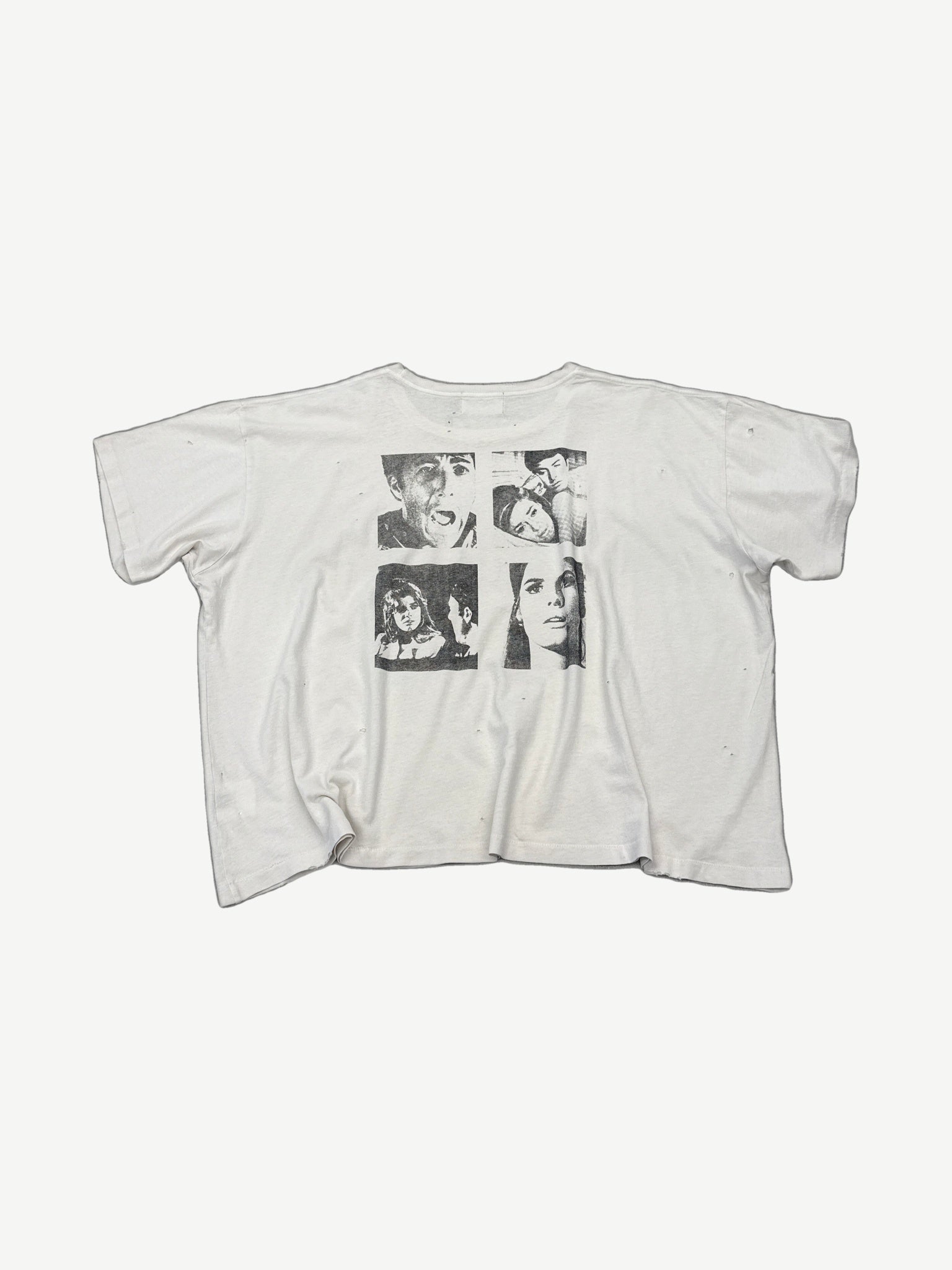 Back of Gallery Hills white tee with four-panel black and white film still collage and distressed holes